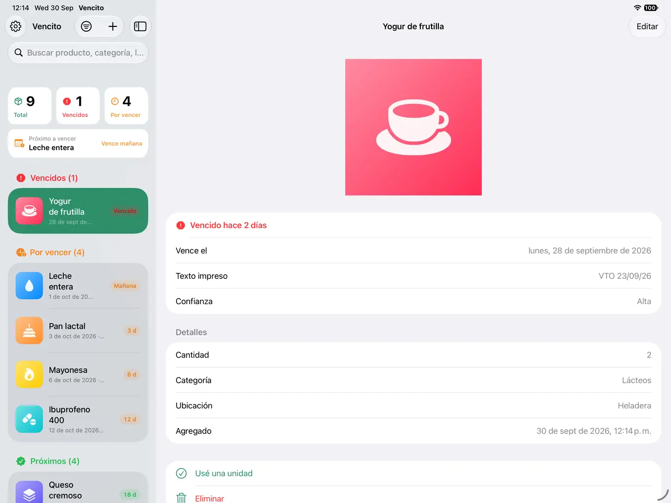 Vencito en iPad: la lista de productos a la izquierda y el detalle del producto elegido a la derecha