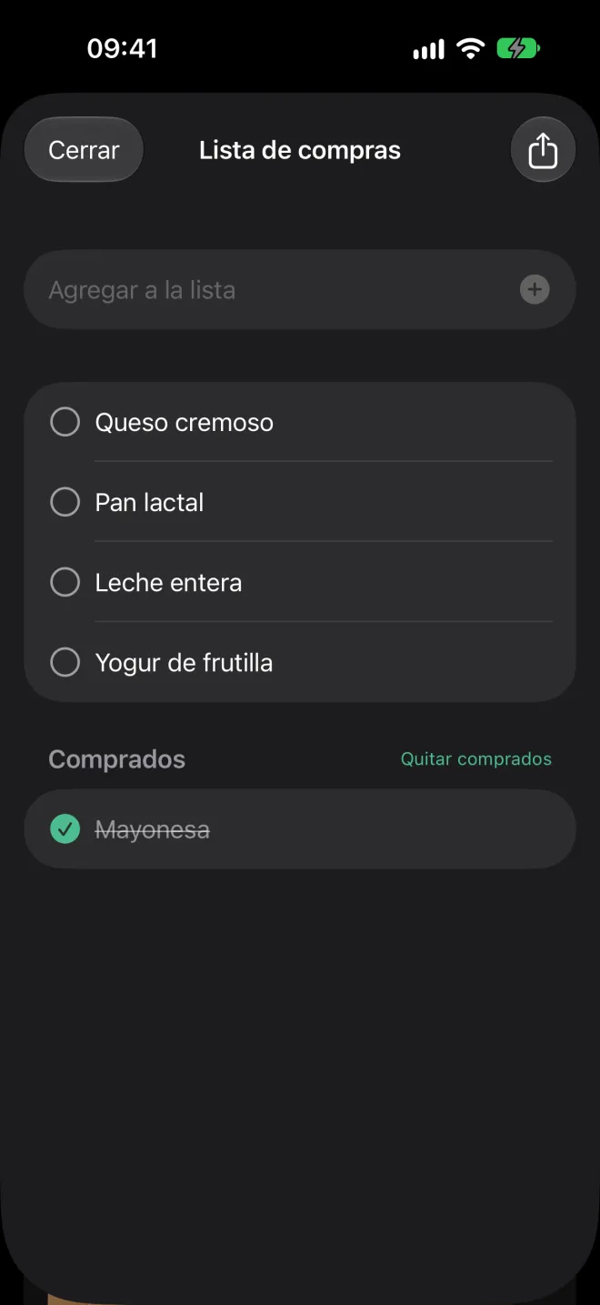 Lista de compras con productos pendientes y uno ya comprado